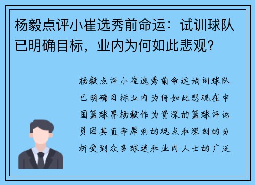 杨毅点评小崔选秀前命运：试训球队已明确目标，业内为何如此悲观？