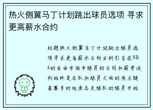 热火侧翼马丁计划跳出球员选项 寻求更高薪水合约