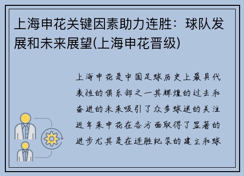 上海申花关键因素助力连胜：球队发展和未来展望(上海申花晋级)